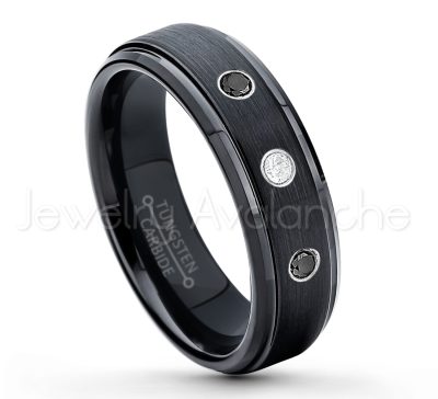 0.21ctw Diamond 3-Stone Tungsten Ring - April Birthstone Ring - 6mm Tungsten Carbide Ring - Brushed Finish Black Ion Plated Comfort Fit Tungsten Wedding Ring - Anniversary Ring TN085-WD