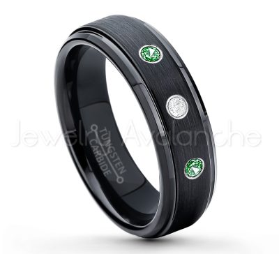 0.07ctw Emerald Tungsten Ring - May Birthstone Ring - 6mm Tungsten Carbide Ring - Brushed Finish Black Ion Plated Comfort Fit Tungsten Wedding Ring - Anniversary Ring TN085-ED
