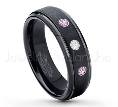 0.07ctw Pink Tourmaline Tungsten Ring - October Birthstone Ring - 6mm Tungsten Carbide Ring - Brushed Finish Black Ion Plated Comfort Fit Tungsten Wedding Ring - Anniversary Ring TN085-PTM