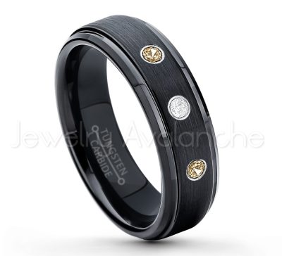 0.21ctw Smokey Quartz 3-Stone Tungsten Ring - November Birthstone Ring - 6mm Tungsten Carbide Ring - Brushed Finish Black Ion Plated Comfort Fit Tungsten Wedding Ring - Anniversary Ring TN085-SMQ