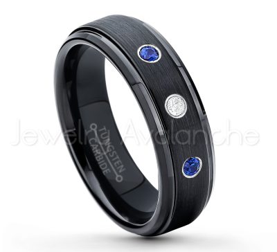 0.21ctw Blue Sapphire 3-Stone Tungsten Ring - September Birthstone Ring - 6mm Tungsten Carbide Ring - Brushed Finish Black Ion Plated Comfort Fit Tungsten Wedding Ring - Anniversary Ring TN085-SP