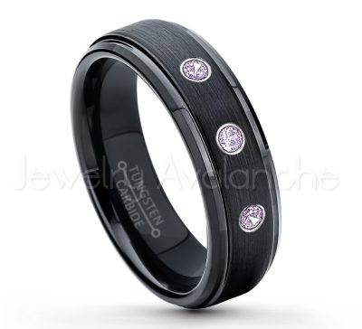 0.21ctw Amethyst & Diamond 3-Stone Tungsten Ring - February Birthstone Ring - 6mm Tungsten Carbide Ring - Brushed Finish Black Ion Plated Comfort Fit Tungsten Wedding Ring - Anniversary Ring TN085-AMT