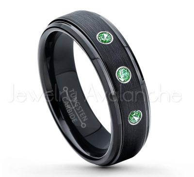 0.21ctw Emerald & Diamond 3-Stone Tungsten Ring - May Birthstone Ring - 6mm Tungsten Carbide Ring - Brushed Finish Black Ion Plated Comfort Fit Tungsten Wedding Ring - Anniversary Ring TN085-ED