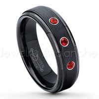 0.21ctw Garnet 3-Stone Tungsten Ring - January Birthstone Ring - 6mm Tungsten Carbide Ring - Brushed Finish Black Ion Plated Comfort Fit Tungsten Wedding Ring - Anniversary Ring TN085-GR
