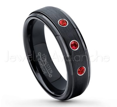 0.21ctw Garnet & Diamond 3-Stone Tungsten Ring - January Birthstone Ring - 6mm Tungsten Carbide Ring - Brushed Finish Black Ion Plated Comfort Fit Tungsten Wedding Ring - Anniversary Ring TN085-GR