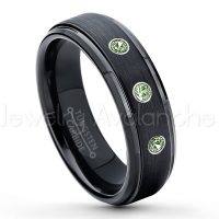 0.21ctw Green Tourmaline 3-Stone Tungsten Ring - October Birthstone Ring - 6mm Tungsten Carbide Ring - Brushed Finish Black Ion Plated Comfort Fit Tungsten Wedding Ring - Anniversary Ring TN085-GTM