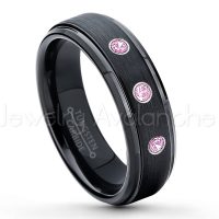 0.21ctw Pink Tourmaline 3-Stone Tungsten Ring - October Birthstone Ring - 6mm Tungsten Carbide Ring - Brushed Finish Black Ion Plated Comfort Fit Tungsten Wedding Ring - Anniversary Ring TN085-PTM