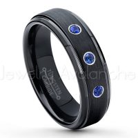 0.21ctw Blue Sapphire 3-Stone Tungsten Ring - September Birthstone Ring - 6mm Tungsten Carbide Ring - Brushed Finish Black Ion Plated Comfort Fit Tungsten Wedding Ring - Anniversary Ring TN085-SP