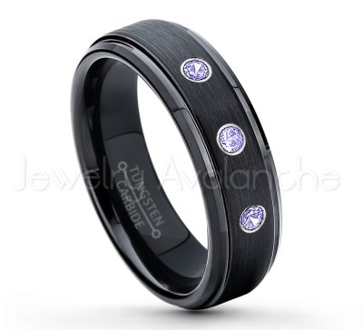 0.07ctw Tanzanite Tungsten Ring - December Birthstone Ring - 6mm Tungsten Carbide Ring - Brushed Finish Black Ion Plated Comfort Fit Tungsten Wedding Ring - Anniversary Ring TN085-TZN