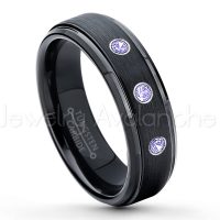 0.21ctw Tanzanite 3-Stone Tungsten Ring - December Birthstone Ring - 6mm Tungsten Carbide Ring - Brushed Finish Black Ion Plated Comfort Fit Tungsten Wedding Ring - Anniversary Ring TN085-TZN