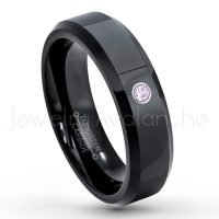 0.07ctw Amethyst Tungsten Ring - February Birthstone Ring - 6mm Tungsten Wedding Ring - Polished Finish Black IP Comfort Fit Tungsten Carbide Ring - Ladies Tungsten Anniversary Ring TN086-AMT