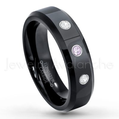 0.07ctw Amethyst Tungsten Ring - February Birthstone Ring - 6mm Tungsten Wedding Ring - Polished Finish Black IP Comfort Fit Tungsten Carbide Ring - Ladies Tungsten Anniversary Ring TN086-AMT