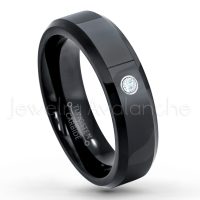 0.07ctw Aquamarine Tungsten Ring - March Birthstone Ring - 6mm Tungsten Wedding Ring - Polished Finish Black IP Comfort Fit Tungsten Carbide Ring - Ladies Tungsten Anniversary Ring TN086-AQM