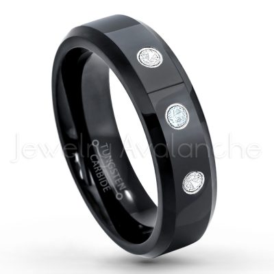 0.21ctw Aquamarine 3-Stone Tungsten Ring - March Birthstone Ring - 6mm Tungsten Wedding Ring - Polished Finish Black IP Comfort Fit Tungsten Carbide Ring - Ladies Tungsten Anniversary Ring TN086-AQM