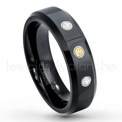 0.07ctw Citrine Tungsten Ring - November Birthstone Ring - 6mm Tungsten Wedding Ring - Polished Finish Black IP Comfort Fit Tungsten Carbide Ring - Ladies Tungsten Anniversary Ring TN086-CN