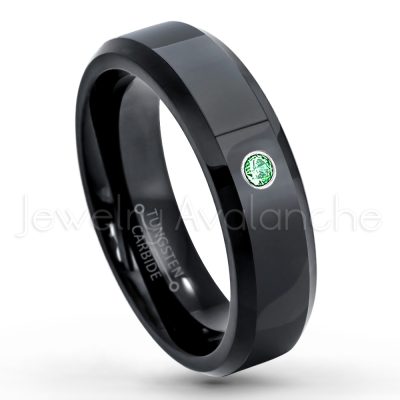 0.21ctw Emerald 3-Stone Tungsten Ring - May Birthstone Ring - 6mm Tungsten Wedding Ring - Polished Finish Black IP Comfort Fit Tungsten Carbide Ring - Ladies Tungsten Anniversary Ring TN086-ED