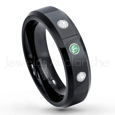 0.07ctw Emerald Tungsten Ring - May Birthstone Ring - 6mm Tungsten Wedding Ring - Polished Finish Black IP Comfort Fit Tungsten Carbide Ring - Ladies Tungsten Anniversary Ring TN086-ED