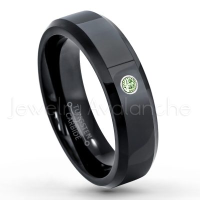 0.21ctw Green Tourmaline 3-Stone Tungsten Ring - October Birthstone Ring - 6mm Tungsten Wedding Ring - Polished Finish Black IP Comfort Fit Tungsten Carbide Ring - Ladies Tungsten Anniversary Ring TN086-GTM