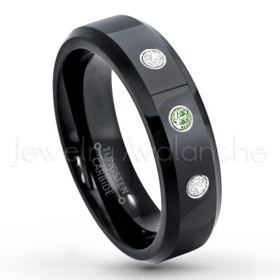 0.21ctw Green Tourmaline 3-Stone Tungsten Ring - October Birthstone Ring - 6mm Tungsten Wedding Ring - Polished Finish Black IP Comfort Fit Tungsten Carbide Ring - Ladies Tungsten Anniversary Ring TN086-GTM