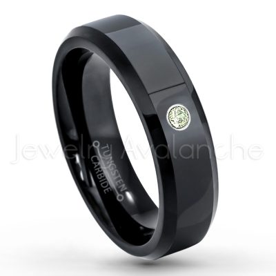 0.21ctw Peridot 3-Stone Tungsten Ring - August Birthstone Ring - 6mm Tungsten Wedding Ring - Polished Finish Black IP Comfort Fit Tungsten Carbide Ring - Ladies Tungsten Anniversary Ring TN086-PD