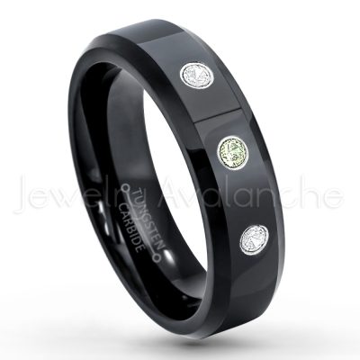 0.21ctw Peridot 3-Stone Tungsten Ring - August Birthstone Ring - 6mm Tungsten Wedding Ring - Polished Finish Black IP Comfort Fit Tungsten Carbide Ring - Ladies Tungsten Anniversary Ring TN086-PD