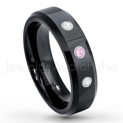 0.07ctw Pink Tourmaline Tungsten Ring - October Birthstone Ring - 6mm Tungsten Wedding Ring - Polished Finish Black IP Comfort Fit Tungsten Carbide Ring - Ladies Tungsten Anniversary Ring TN086-PTM