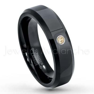 0.21ctw Smokey Quartz 3-Stone Tungsten Ring - November Birthstone Ring - 6mm Tungsten Wedding Ring - Polished Finish Black IP Comfort Fit Tungsten Carbide Ring - Ladies Tungsten Anniversary Ring TN086-SMQ