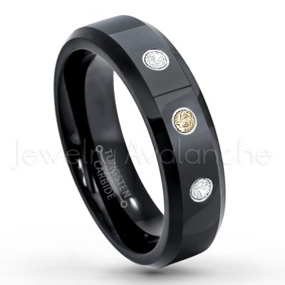 0.21ctw Smokey Quartz 3-Stone Tungsten Ring - November Birthstone Ring - 6mm Tungsten Wedding Ring - Polished Finish Black IP Comfort Fit Tungsten Carbide Ring - Ladies Tungsten Anniversary Ring TN086-SMQ