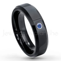 0.07ctw Blue Sapphire Tungsten Ring - September Birthstone Ring - 6mm Tungsten Wedding Ring - Polished Finish Black IP Comfort Fit Tungsten Carbide Ring - Ladies Tungsten Anniversary Ring TN086-SP