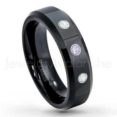 0.07ctw Tanzanite Tungsten Ring - December Birthstone Ring - 6mm Tungsten Wedding Ring - Polished Finish Black IP Comfort Fit Tungsten Carbide Ring - Ladies Tungsten Anniversary Ring TN086-TZN