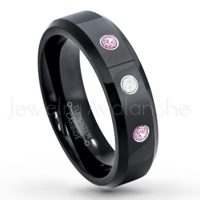 0.07ctw Pink Tourmaline Tungsten Ring - October Birthstone Ring - 6mm Tungsten Wedding Ring - Polished Finish Black IP Comfort Fit Tungsten Carbide Ring - Ladies Tungsten Anniversary Ring TN086-PTM