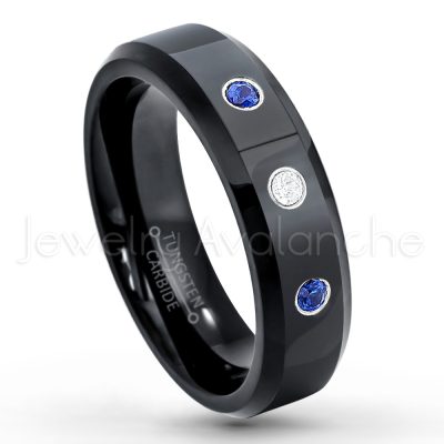 0.21ctw Blue Sapphire & Diamond 3-Stone Tungsten Ring - September Birthstone Ring - 6mm Tungsten Wedding Ring - Polished Finish Black IP Comfort Fit Tungsten Carbide Ring - Ladies Tungsten Anniversary Ring TN086-SP