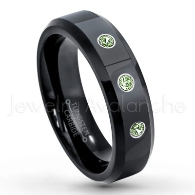 0.21ctw Green Tourmaline 3-Stone Tungsten Ring - October Birthstone Ring - 6mm Tungsten Wedding Ring - Polished Finish Black IP Comfort Fit Tungsten Carbide Ring - Ladies Tungsten Anniversary Ring TN086-GTM