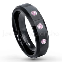 0.21ctw Pink Tourmaline 3-Stone Tungsten Ring - October Birthstone Ring - 6mm Tungsten Wedding Ring - Polished Finish Black IP Comfort Fit Tungsten Carbide Ring - Ladies Tungsten Anniversary Ring TN086-PTM