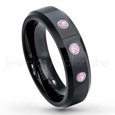 0.21ctw Pink Tourmaline & Diamond 3-Stone Tungsten Ring - October Birthstone Ring - 6mm Tungsten Wedding Ring - Polished Finish Black IP Comfort Fit Tungsten Carbide Ring - Ladies Tungsten Anniversary Ring TN086-PTM