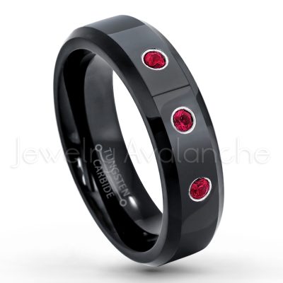 0.07ctw Ruby Tungsten Ring - July Birthstone Ring - 6mm Tungsten Wedding Ring - Polished Finish Black IP Comfort Fit Tungsten Carbide Ring - Ladies Tungsten Anniversary Ring TN086-RB