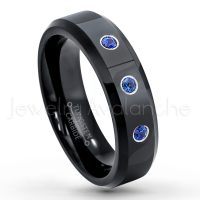 0.21ctw Blue Sapphire 3-Stone Tungsten Ring - September Birthstone Ring - 6mm Tungsten Wedding Ring - Polished Finish Black IP Comfort Fit Tungsten Carbide Ring - Ladies Tungsten Anniversary Ring TN086-SP