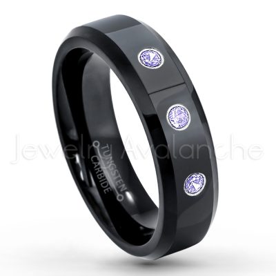 0.07ctw Tanzanite Tungsten Ring - December Birthstone Ring - 6mm Tungsten Wedding Ring - Polished Finish Black IP Comfort Fit Tungsten Carbide Ring - Ladies Tungsten Anniversary Ring TN086-TZN