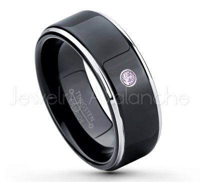 0.21ctw Amethyst & Diamond 3-Stone Tungsten Ring - February Birthstone Ring - 2-tone Tungsten Ring - Polished Finish Black Ion Plated Comfort Fit Tungsten Carbide Wedding Ring - Anniversary Ring TN118-AMT