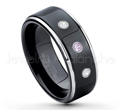 0.21ctw Amethyst 3-Stone Tungsten Ring - February Birthstone Ring - 2-tone Tungsten Ring - Polished Finish Black Ion Plated Comfort Fit Tungsten Carbide Wedding Ring - Anniversary Ring TN118-AMT
