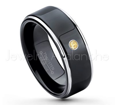 0.07ctw Citrine Tungsten Ring - November Birthstone Ring - 2-tone Tungsten Ring - Polished Finish Black Ion Plated Comfort Fit Tungsten Carbide Wedding Ring - Anniversary Ring TN118-CN