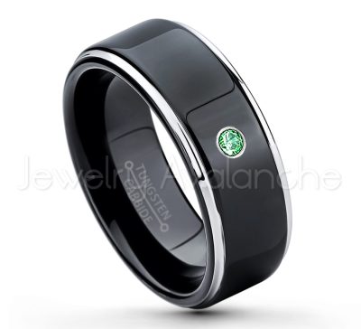 0.21ctw Emerald 3-Stone Tungsten Ring - May Birthstone Ring - 2-tone Tungsten Ring - Polished Finish Black Ion Plated Comfort Fit Tungsten Carbide Wedding Ring - Anniversary Ring TN118-ED