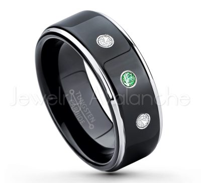 0.21ctw Emerald & Diamond 3-Stone Tungsten Ring - May Birthstone Ring - 2-tone Tungsten Ring - Polished Finish Black Ion Plated Comfort Fit Tungsten Carbide Wedding Ring - Anniversary Ring TN118-ED