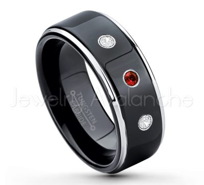 0.07ctw Garnet Tungsten Ring - January Birthstone Ring - 2-tone Tungsten Ring - Polished Finish Black Ion Plated Comfort Fit Tungsten Carbide Wedding Ring - Anniversary Ring TN118-GR