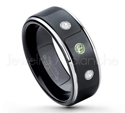 0.21ctw Green Tourmaline 3-Stone Tungsten Ring - October Birthstone Ring - 2-tone Tungsten Ring - Polished Finish Black Ion Plated Comfort Fit Tungsten Carbide Wedding Ring - Anniversary Ring TN118-GTM