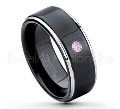 0.21ctw Pink Tourmaline 3-Stone Tungsten Ring - October Birthstone Ring - 2-tone Tungsten Ring - Polished Finish Black Ion Plated Comfort Fit Tungsten Carbide Wedding Ring - Anniversary Ring TN118-PTM