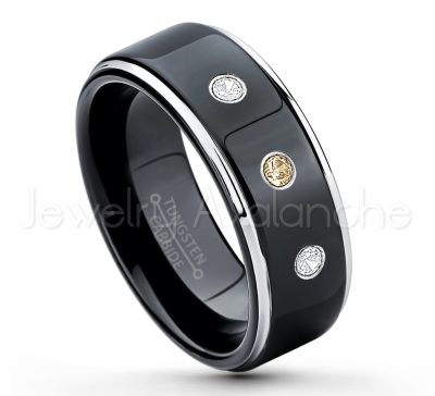 0.21ctw Smokey Quartz 3-Stone Tungsten Ring - November Birthstone Ring - 2-tone Tungsten Ring - Polished Finish Black Ion Plated Comfort Fit Tungsten Carbide Wedding Ring - Anniversary Ring TN118-SMQ