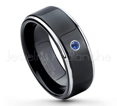 0.21ctw Blue Sapphire 3-Stone Tungsten Ring - September Birthstone Ring - 2-tone Tungsten Ring - Polished Finish Black Ion Plated Comfort Fit Tungsten Carbide Wedding Ring - Anniversary Ring TN118-SP