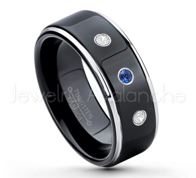 0.21ctw Blue Sapphire 3-Stone Tungsten Ring - September Birthstone Ring - 2-tone Tungsten Ring - Polished Finish Black Ion Plated Comfort Fit Tungsten Carbide Wedding Ring - Anniversary Ring TN118-SP