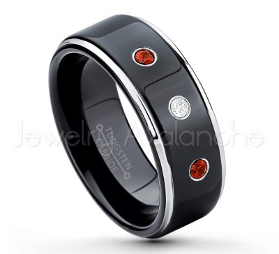 0.21ctw Garnet 3-Stone Tungsten Ring - January Birthstone Ring - 2-tone Tungsten Ring - Polished Finish Black Ion Plated Comfort Fit Tungsten Carbide Wedding Ring - Anniversary Ring TN118-GR